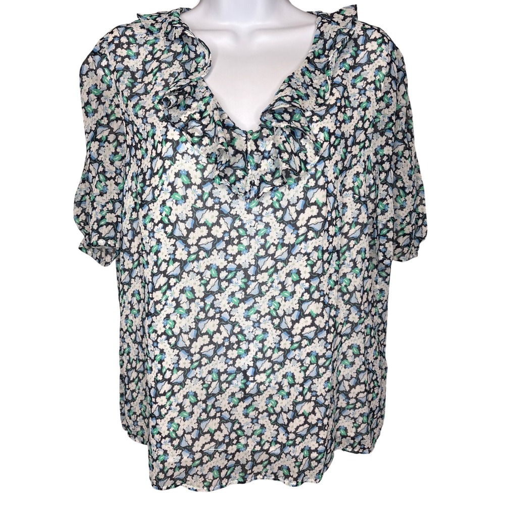 Karl Lagerfeld Women Blue Floral Ruffle Neck Puff Sleeve Blouse Sz L Lightweight